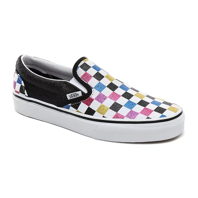 Vans รองเท้าผ้าใบ Classic Slip-On Glitter Checkerboard | Black/True White ( VN0A4BV3V3P ) - Image 4