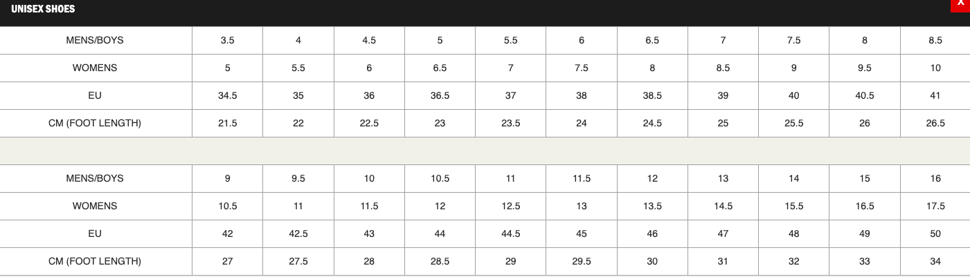 Vans unisex size chart Vans unisex size chart