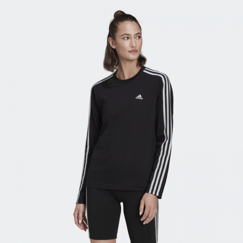 Adidas เสื้อยืดแขนยาวผู้หญิง Essentials 3-Stripes Long Sleeve Tee | Black/White ( HF7261 ) - Image 2