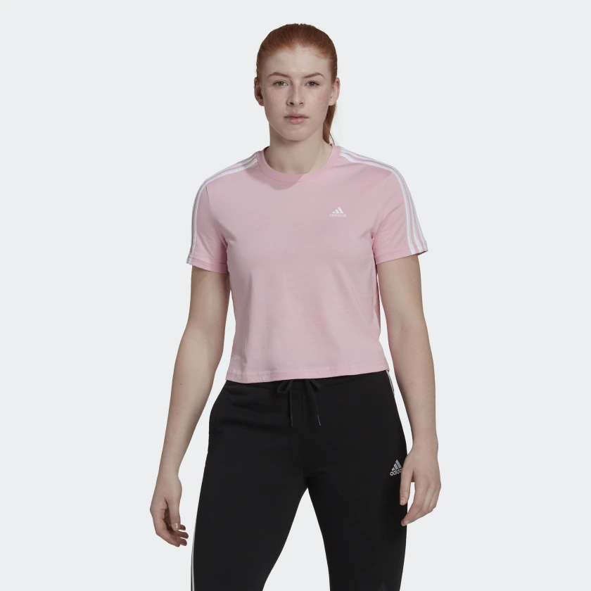 Adidas เสื้อครอปผู้หญิง Essentials Loose 3-Stripes Cropped Tee | True Pink/White ( HL2033 ) - Image 2
