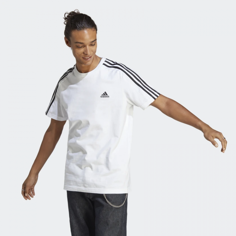 Adidas เสื้อกีฬาผู้ชาย Essentials Single Jersey 3-Stripes Tee | White/Black ( IC9336 ) - Image 2