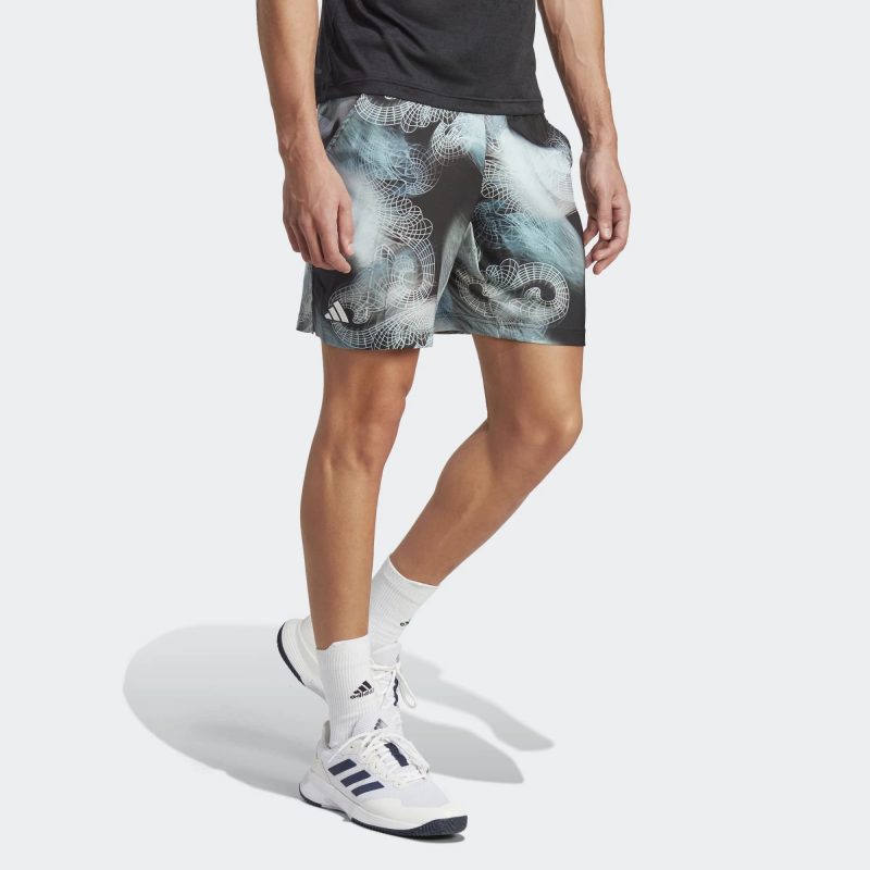 Adidas กางเกงเทนนิสผู้ชาย Tennis Printed AEROREADY Ergo Pro Shorts | Black/Semi Flash Aqua/Dash Grey ( HZ3261 ) - Image 5