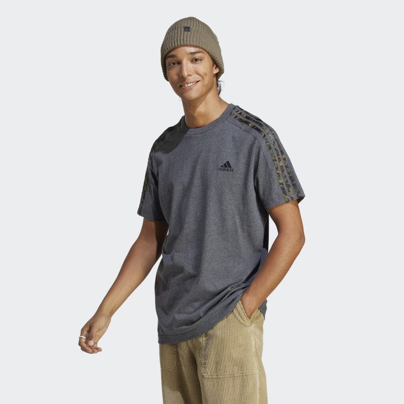 Adidas เสื้อกีฬาผู้ชาย Essentials Single Jersey 3-Stripes Tee | Dark Grey Heather/Black ( IC9344 ) - Image 2