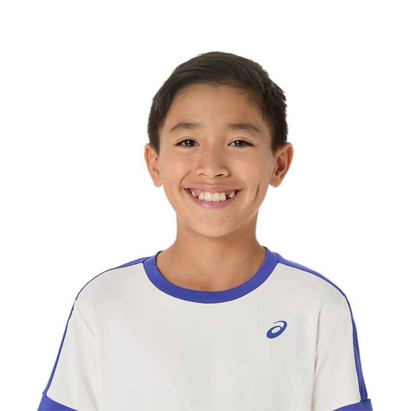 Asics เสื้อเทนนิสเด็กผู้ชาย Boys Tennis SS Top | Cream/Dark Cobalt ( 2044A044-100 ) - Image 4