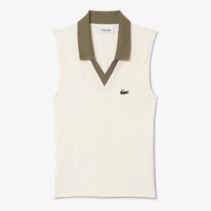 Lacoste เสื้อเทนนิสผู้หญิง Women’s Sleeveless Stretch Knit Tennis Polo  | White / Khaki Green ( PF0614-51 )